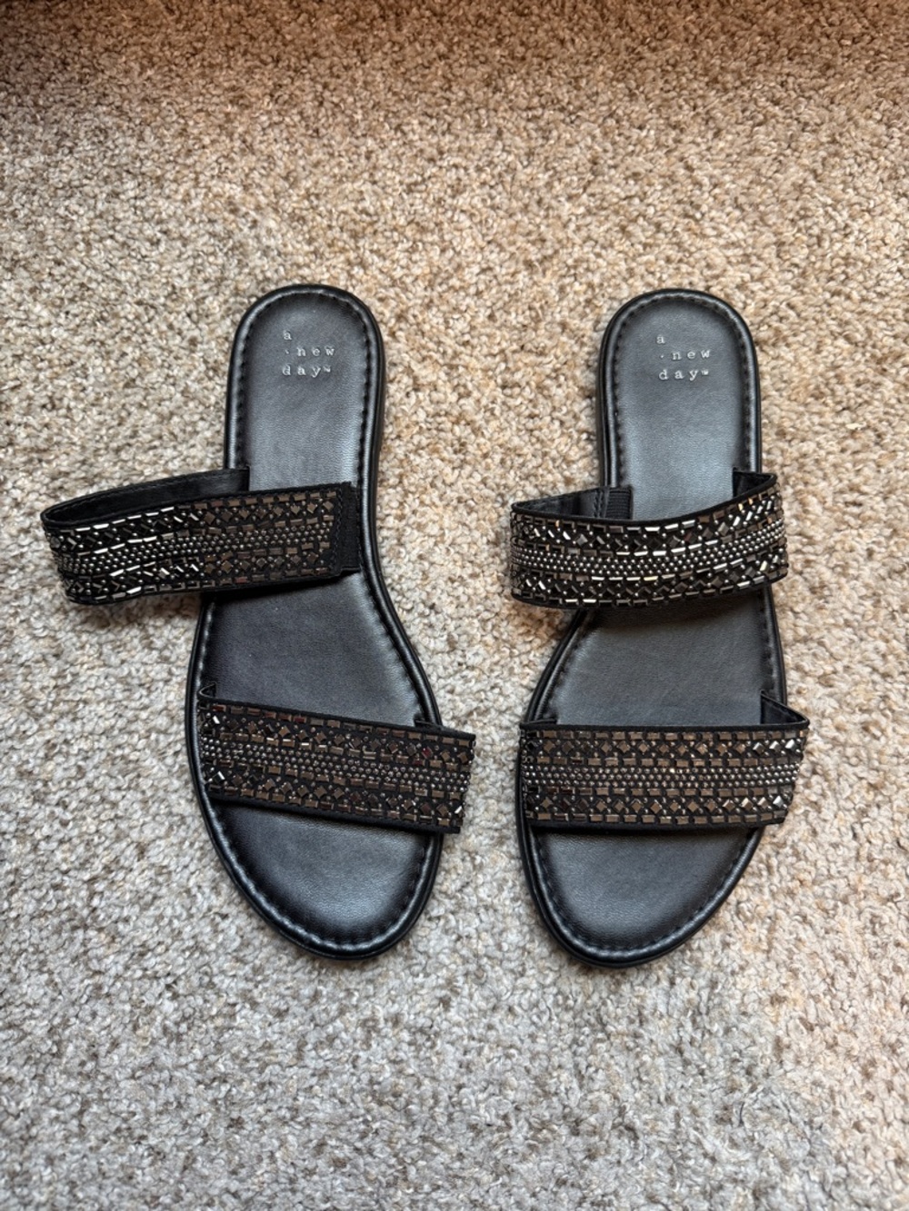 A New Day - Black Double-Strap Embellished Slide Sandals